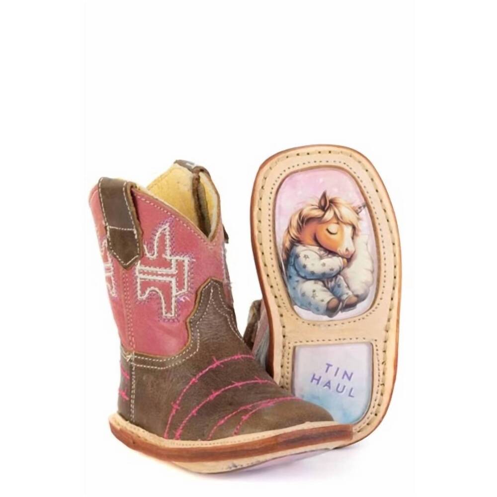 NEW TIN HAUL girls infant barbed wire belle leather boot in brown/blush